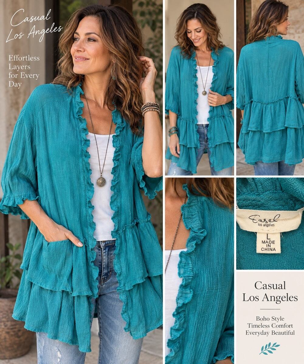 Casual Los Angeles Teal Turquoise Ruffle Open Front Tunic Jacket L Boho